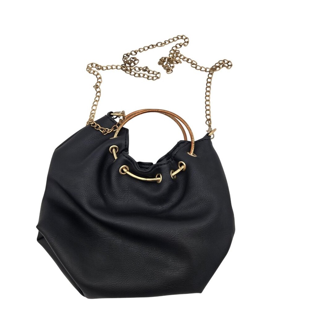 Black Faux Leather Clutch With Gold Rings & Chain Strap 10x10 Inches